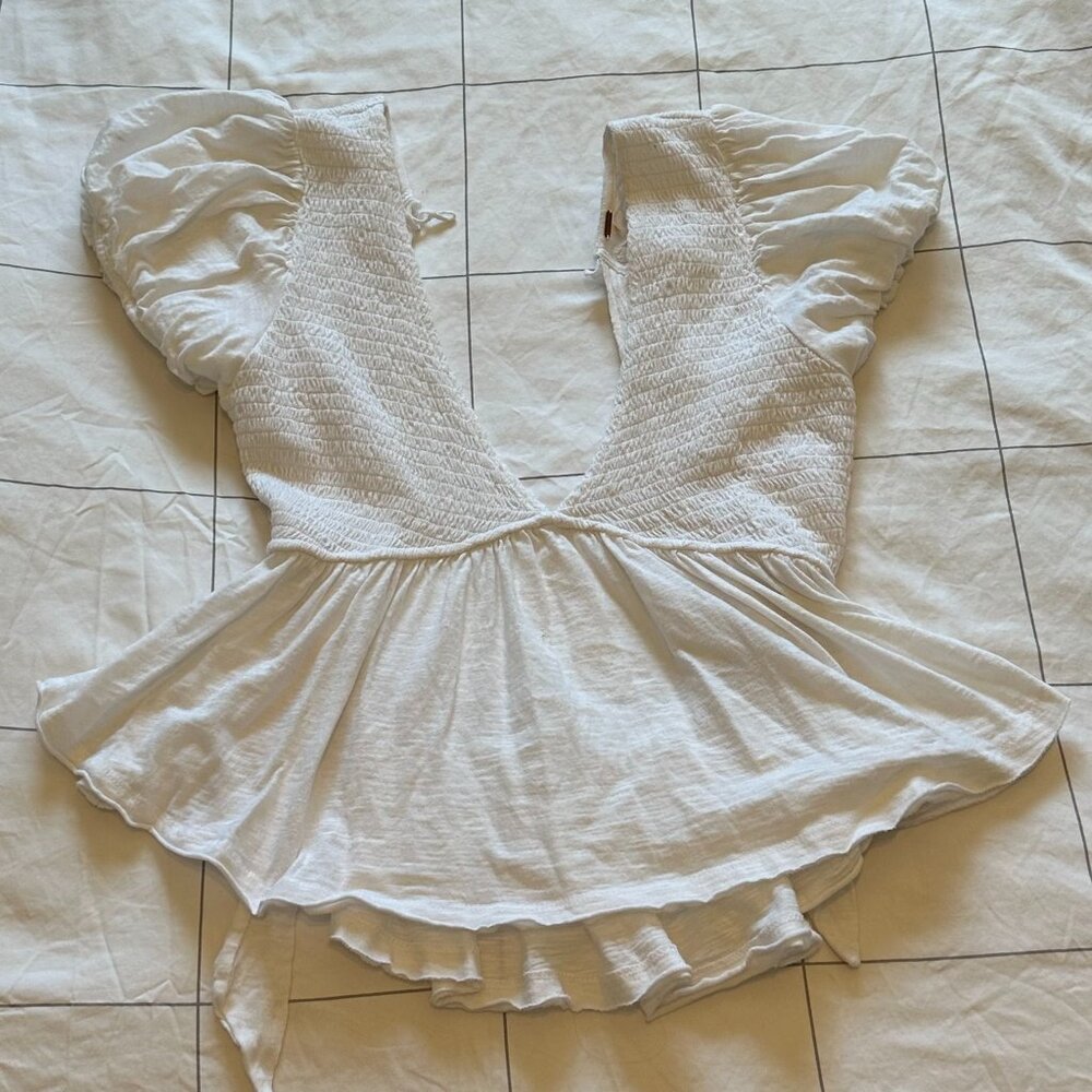 Free People Smocked Open Back Peplum Cotton Top Size M Ivory/White